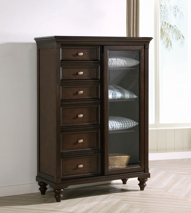Andover 6-drawer Tempered Glass Door Chest Dark Oak - Furniture Land (Milwaukee, WI)