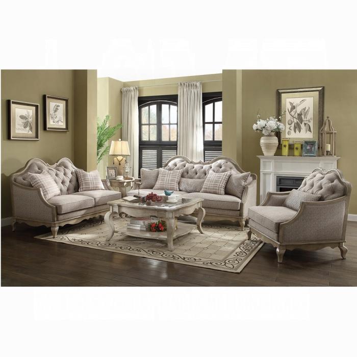 Chelmsford Beige Fabric & Antique Taupe Sofa w/5 Pillows - Furniture Land (Milwaukee, WI)