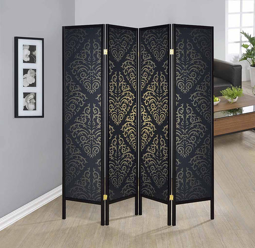 Haidera 4-panel Damask Pattern Folding Screen Black - Furniture Land (Milwaukee, WI)