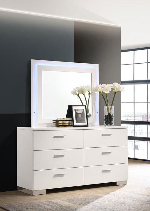 Felicity 6-drawer Dresser with LED Mirror White High Gloss - Furniture Land (Milwaukee, WI)