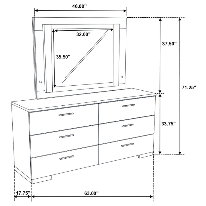 Felicity 6-drawer Dresser with LED Mirror White High Gloss - Furniture Land (Milwaukee, WI)