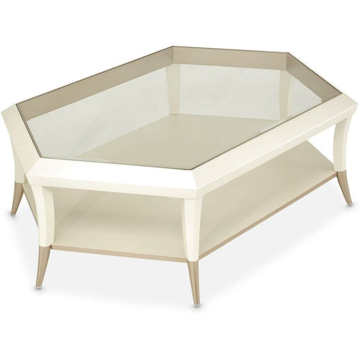 AICO La Rachelle Hexagon Cocktail Table w/Glass in Medium Champagne - Furniture Land (Milwaukee, WI)