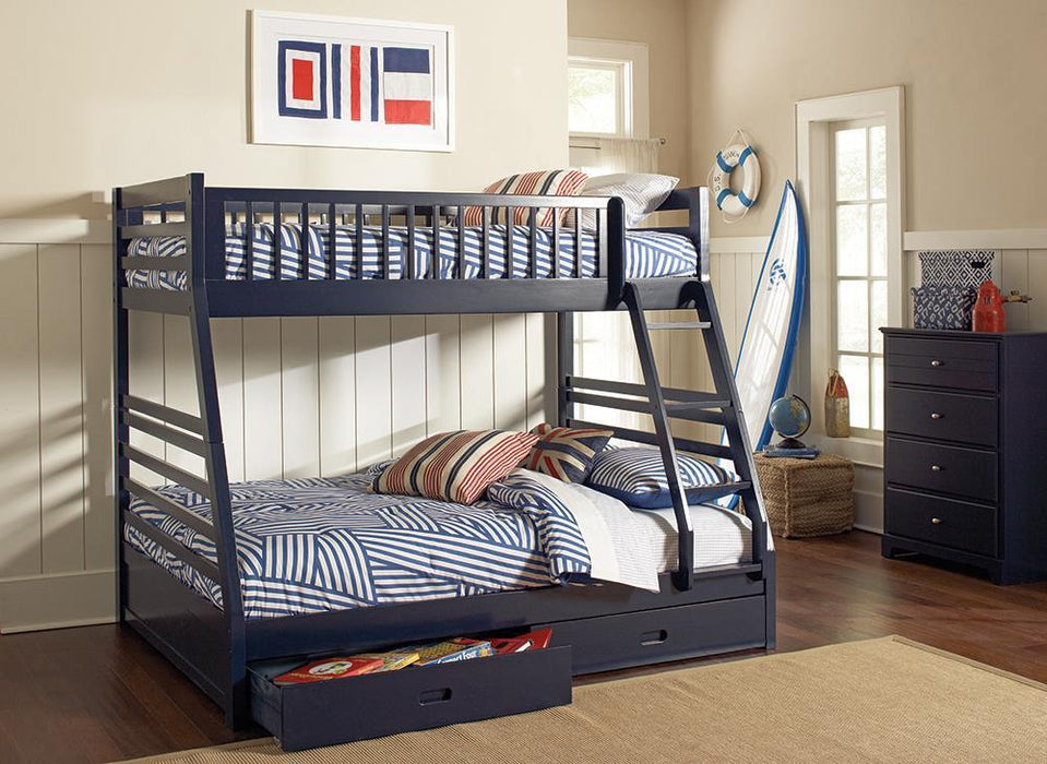 Ashton Twin Over Full 2-drawer Bunk Bed Cappuccino, White, Navy, Honey, & Brown - Furniture Land (Milwaukee, WI)