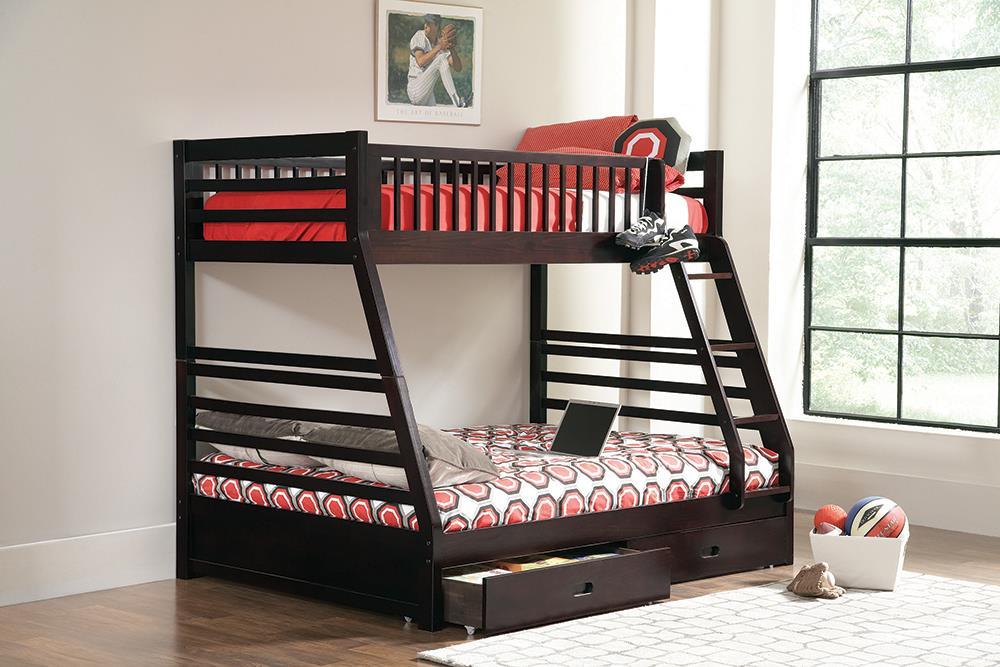 Ashton Twin Over Full 2-drawer Bunk Bed Cappuccino, White, Navy, Honey, & Brown - Furniture Land (Milwaukee, WI)