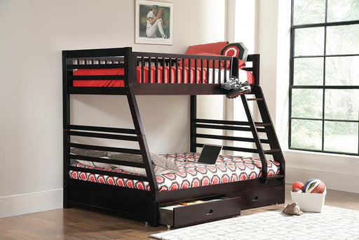 Ashton Twin Over Full 2-drawer Bunk Bed Cappuccino, White, Navy, Honey, & Brown - Furniture Land (Milwaukee, WI)