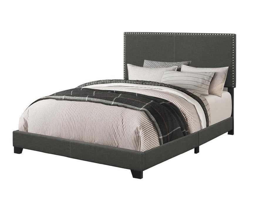 Boyd California King, King, & Queen Upholstered Bed with Nailhead Trim Charcoal & Grey - Furniture Land (Milwaukee, WI)