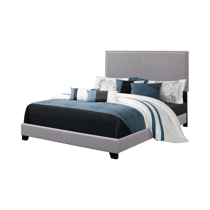Boyd California King, King, & Queen Upholstered Bed with Nailhead Trim Charcoal & Grey - Furniture Land (Milwaukee, WI)