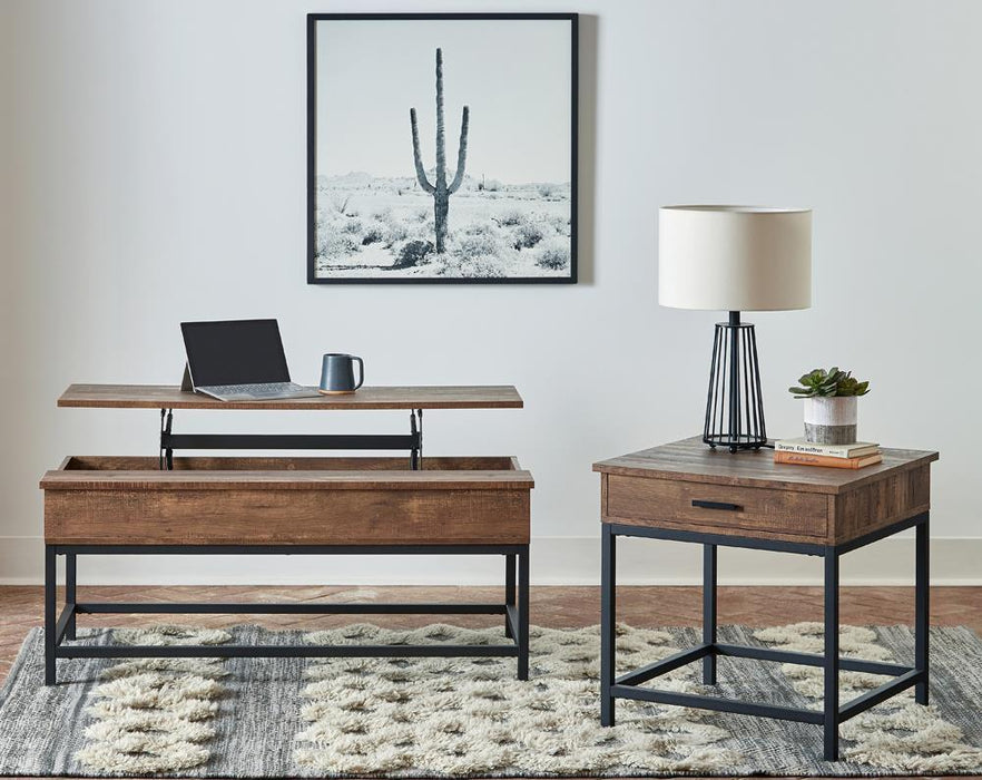 Byers Black Coffee Table with Hidden Storage Brown Oak and Sandy Black - Furniture Land (Milwaukee, WI)