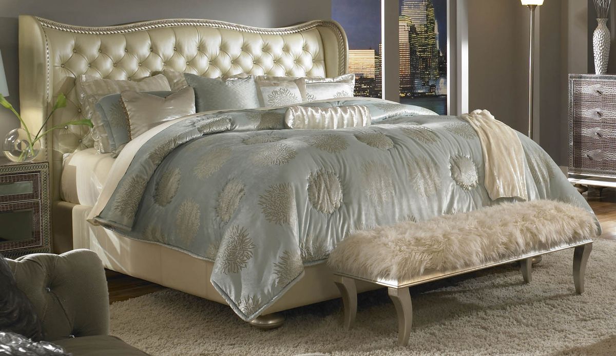 AICO Hollywood Swank Cal King Upholstered Platform Bed in Pearl - Furniture Land (Milwaukee, WI)