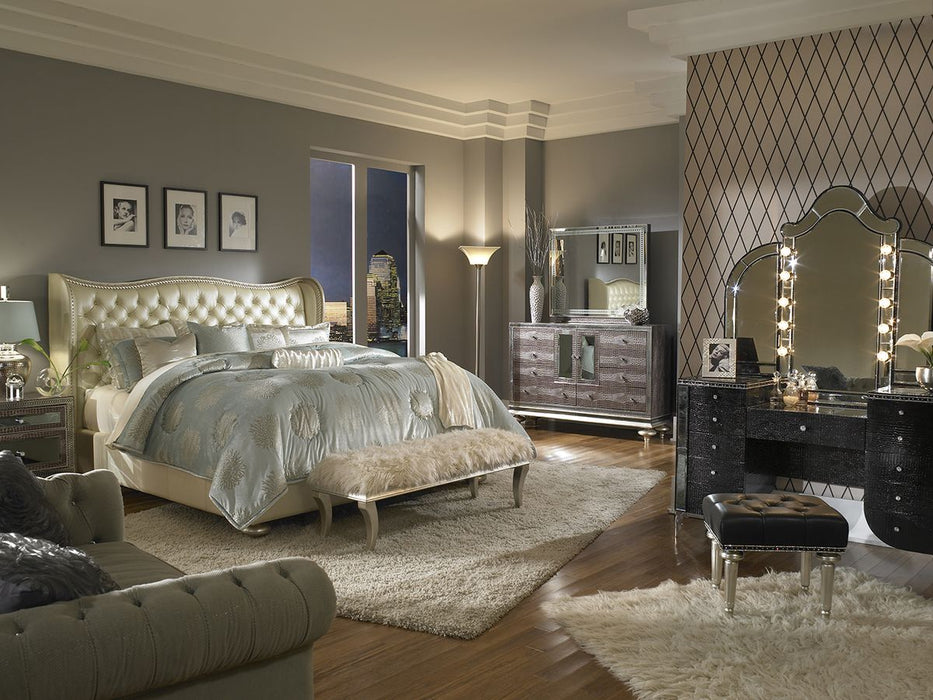 AICO Hollywood Swank Cal King Upholstered Platform Bed in Pearl - Furniture Land (Milwaukee, WI)