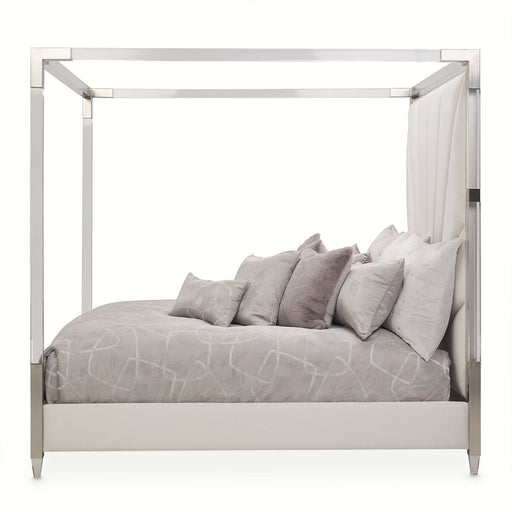 AICO Penthouse/Lanterna King Canopy Channel Tufted Upholstered Bed in Silver Mist - Furniture Land (Milwaukee, WI)