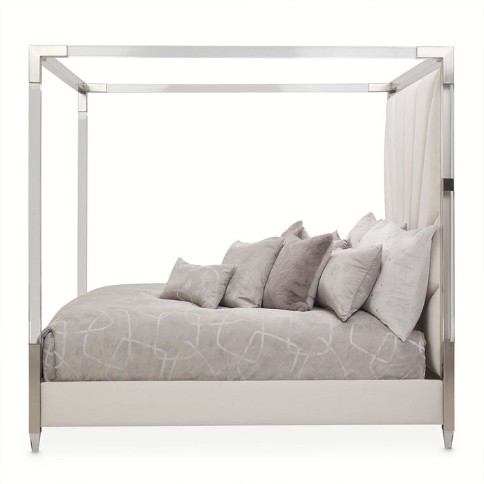 AICO Penthouse/Lanterna King Canopy Channel Tufted Upholstered Bed in Silver Mist - Furniture Land (Milwaukee, WI)