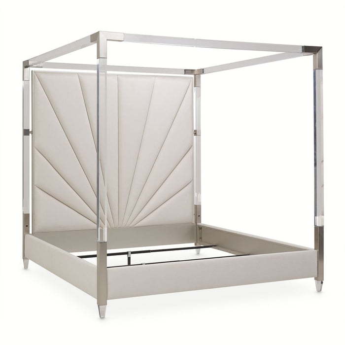 AICO Penthouse/Lanterna King Canopy Channel Tufted Upholstered Bed in Silver Mist - Furniture Land (Milwaukee, WI)