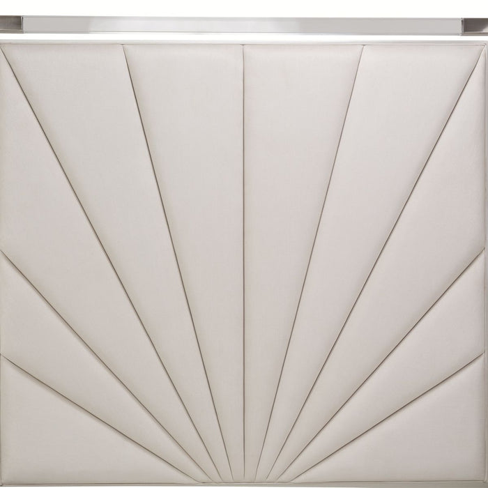 AICO Penthouse/Lanterna King Canopy Channel Tufted Upholstered Bed in Silver Mist - Furniture Land (Milwaukee, WI)