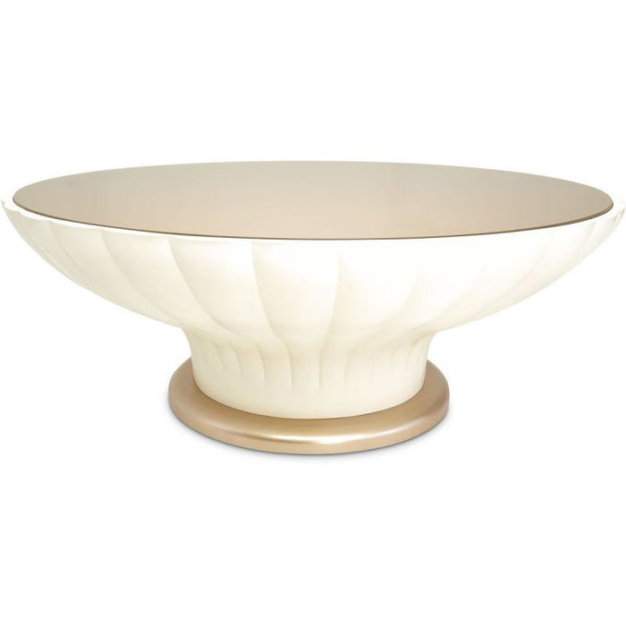 AICO La Rachelle Round Scalloped Cocktail Table with Glass in Medium Champagne - Furniture Land (Milwaukee, WI)